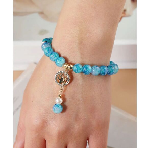 Handmade Blue Apatite Stretch Beaded Bracelet Gold Tree of Life Charm Jewelry - Picture 2 of 5